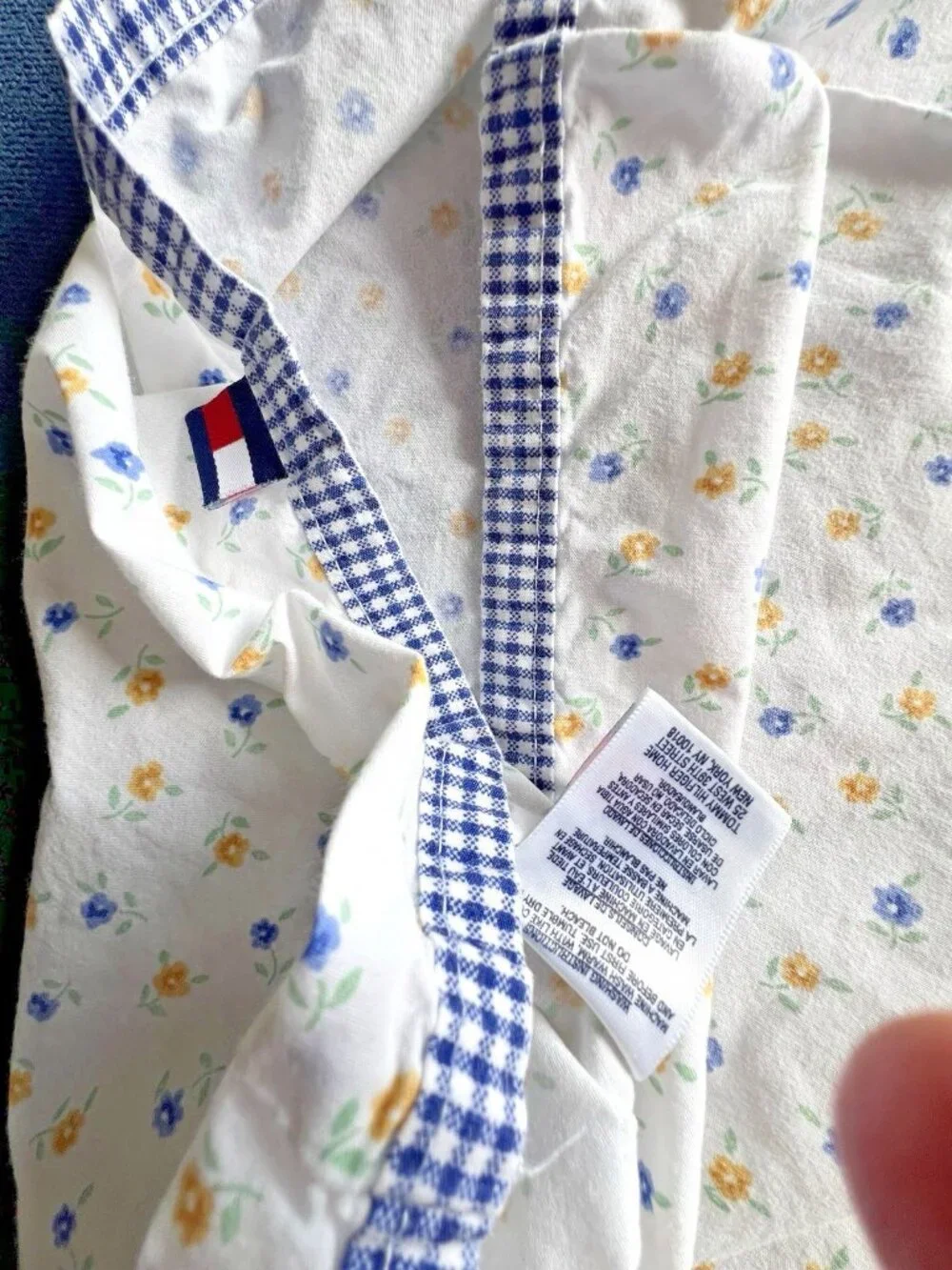 Tommy Hilfiger STANDARD Pillowcase Pair FLORAL Blue Yellow Gingham 100% Cotton